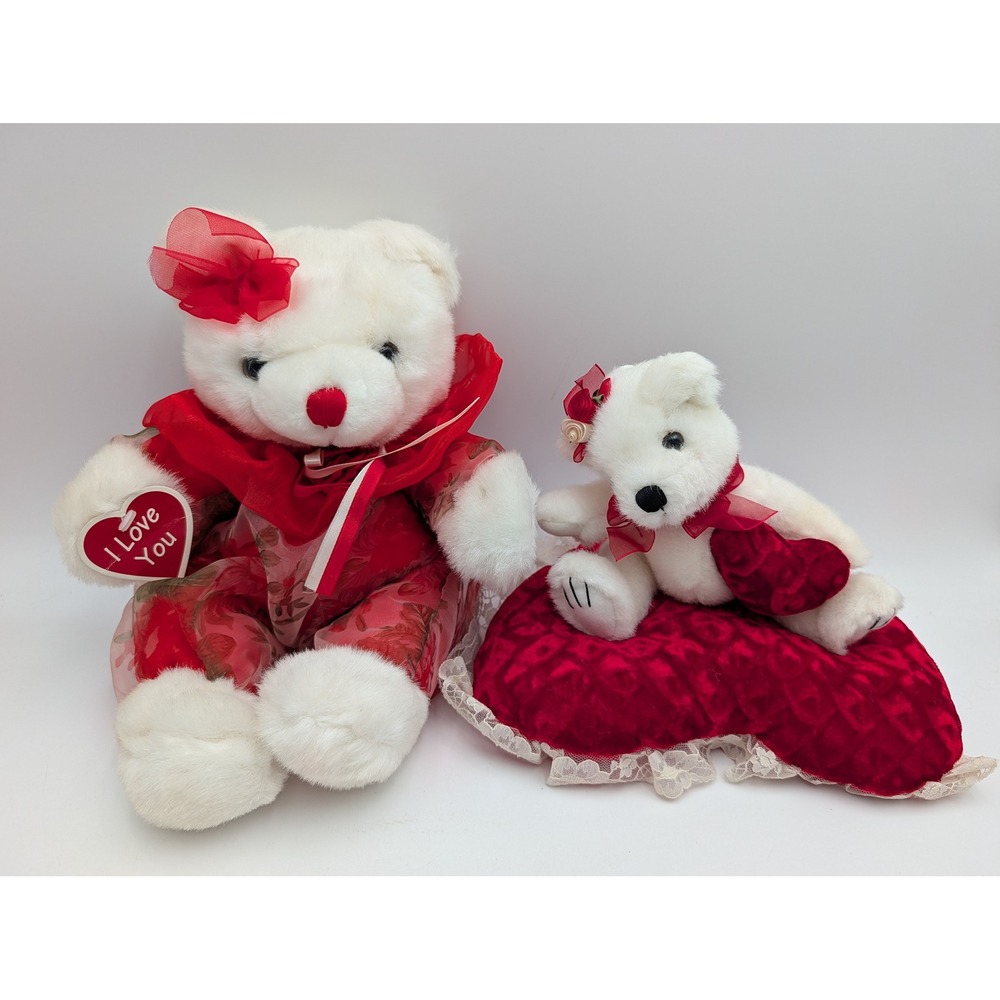 MTY International Plush Teddy Bear White Red Valentines Heart Lace Lot of 2